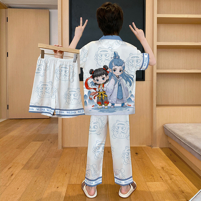 儿童睡衣男童夏季薄款冰丝2025新款男孩短袖长裤三件套哪吒家居服