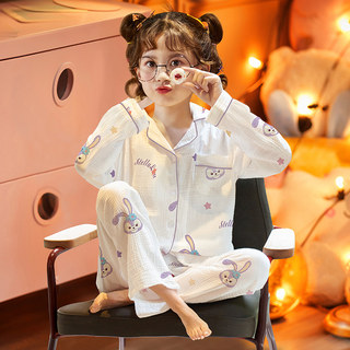 儿童睡衣女童春秋季纯棉纱布2025新款长袖女孩大童夏季家居服套装