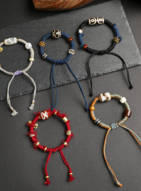 原创三眼天珠手工编绳手虎牙天珠手绳本年年红色编织男女款手链