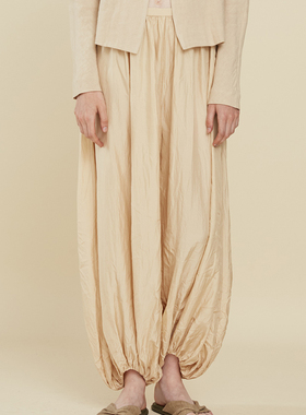 Vendy春夏新款脏染桑蚕丝松紧腰Contana微宽松休闲女哈伦裤