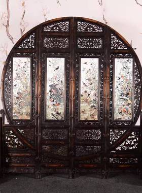 复古瓷板画红木空雕花框镶粉彩花鸟百鸟朝凤富贵祥和双面圆形座屏