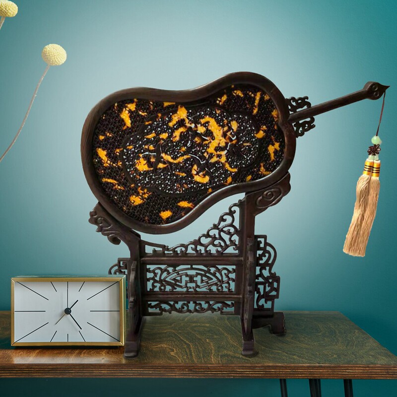 热卖仿古檀木框做旧古玩工艺品玳瑁扇子复古屏风创意摆件家居装饰