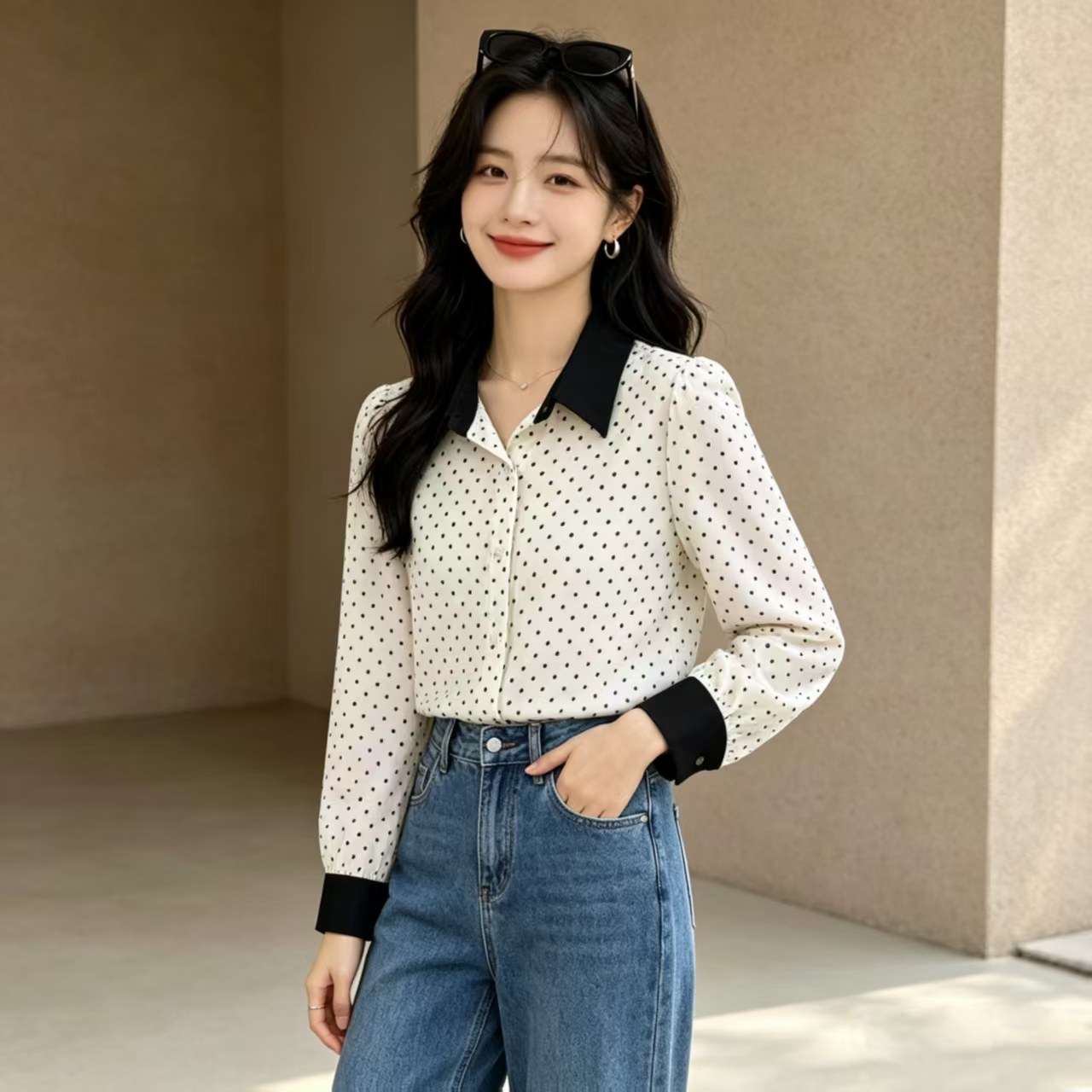 小波点衬衫女长袖2026年春秋新款韩版修身雪纺衫气质减龄小衫上衣