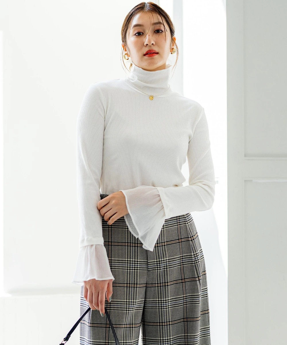 日系女装组曲高弹力强捻纱弹力纯棉螺纹高领雪纺喇叭拼接袖打底衣