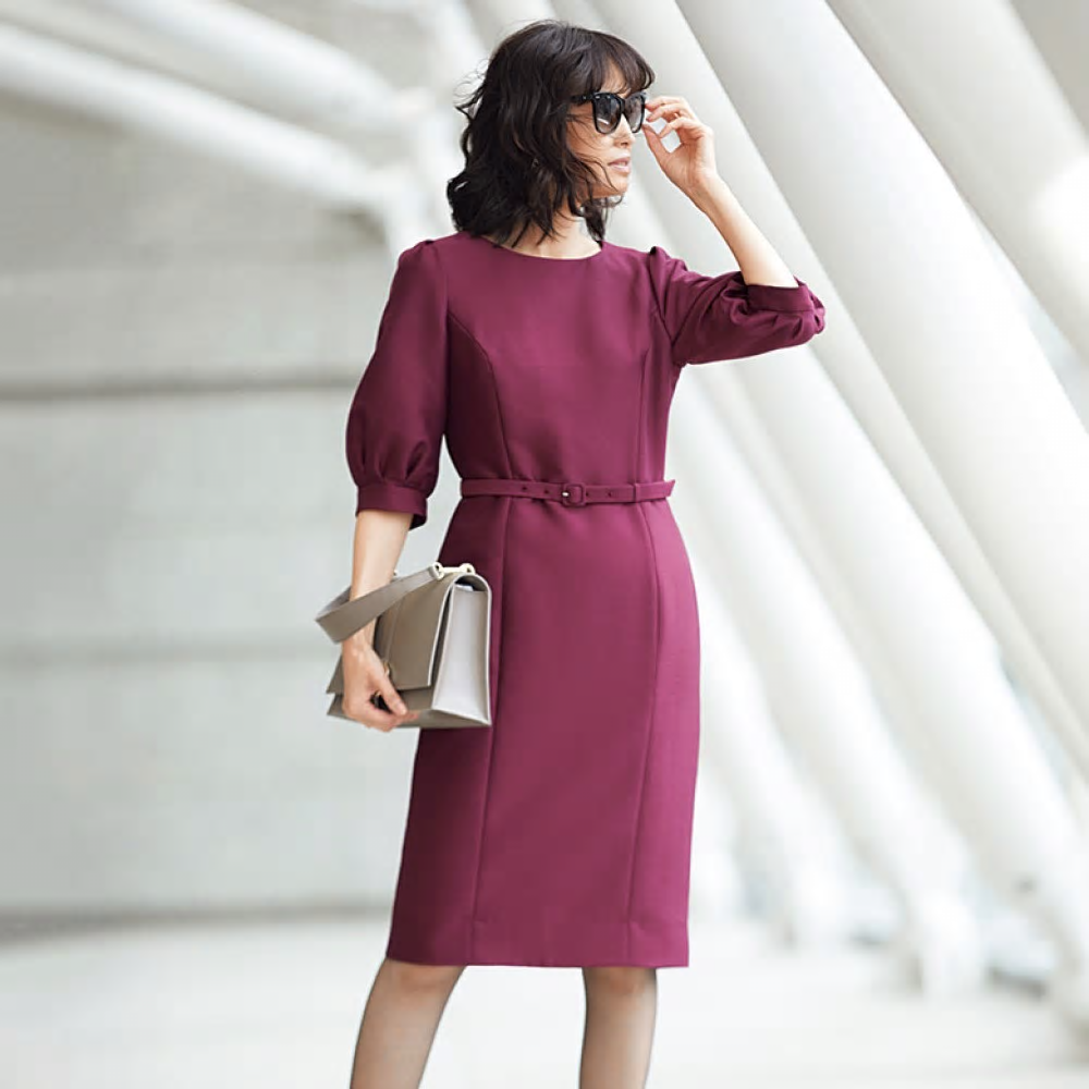 日系贵牌女装冬款丝光羊毛混纺花苞7分袖收腰修身连衣裙有腰带