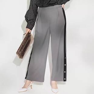 日系女装春款客供面料下摆暗扣休闲高腰阔腿裤 直筒裤