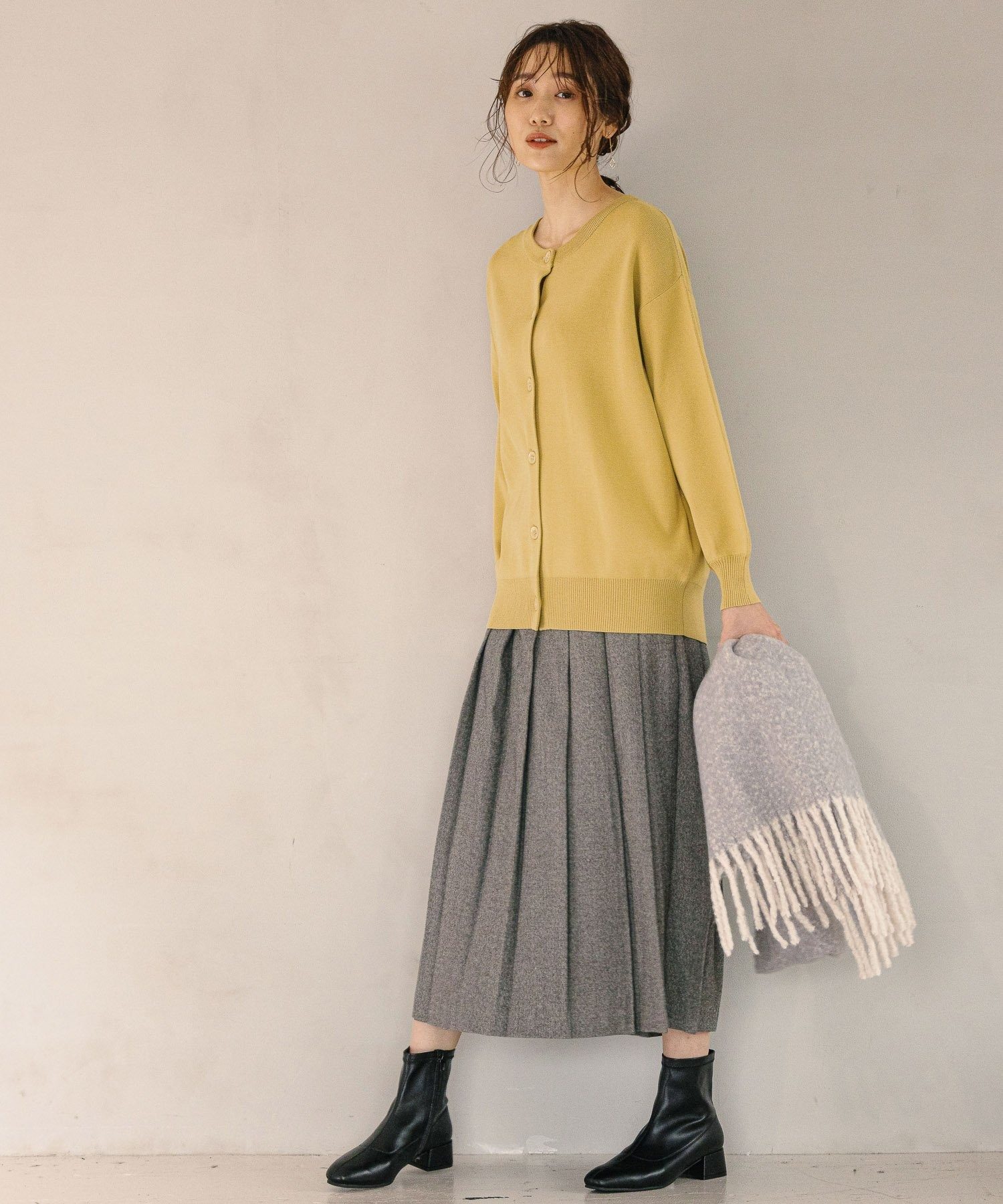 日系女装秋冬款人字纹薄呢料松紧腰高腰显瘦a字百褶长裙 有口袋