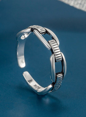 S925纯银简约戒指女式个性做旧复古指环气质小清新尾戒不掉色戒子