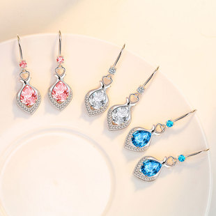 S925纯银爱心耳环女式时尚镶嵌锆石耳钉防过敏不掉色个性流苏耳坠