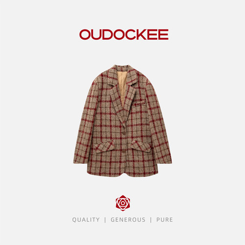 OUDOCKEE 鸥鸥 绵羊毛红格 复古格纹羊毛西装秋冬外套 XACE652T