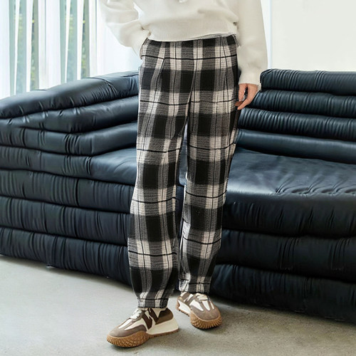 磨毛黑白格休闲裤长裤