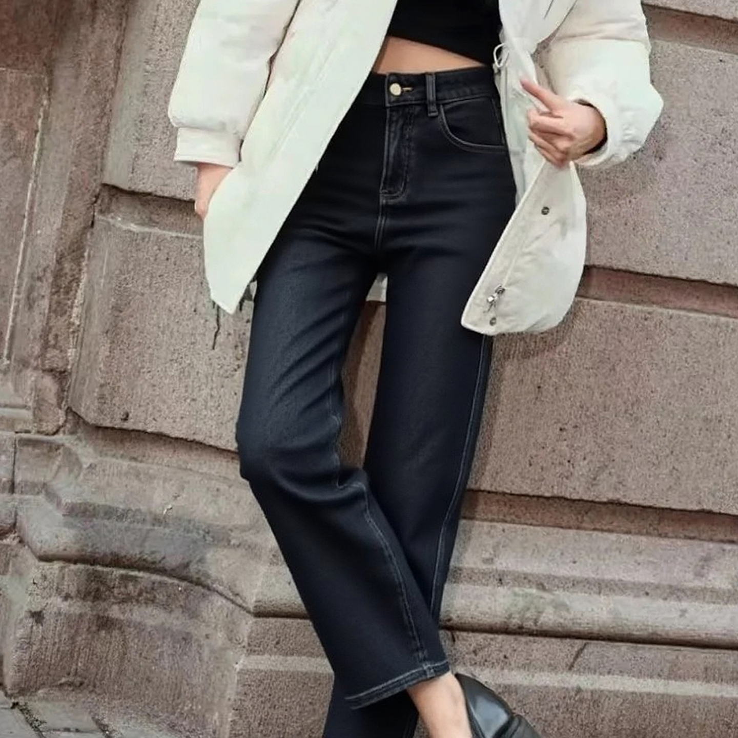 依目系列专柜磨毛直筒牛仔裤