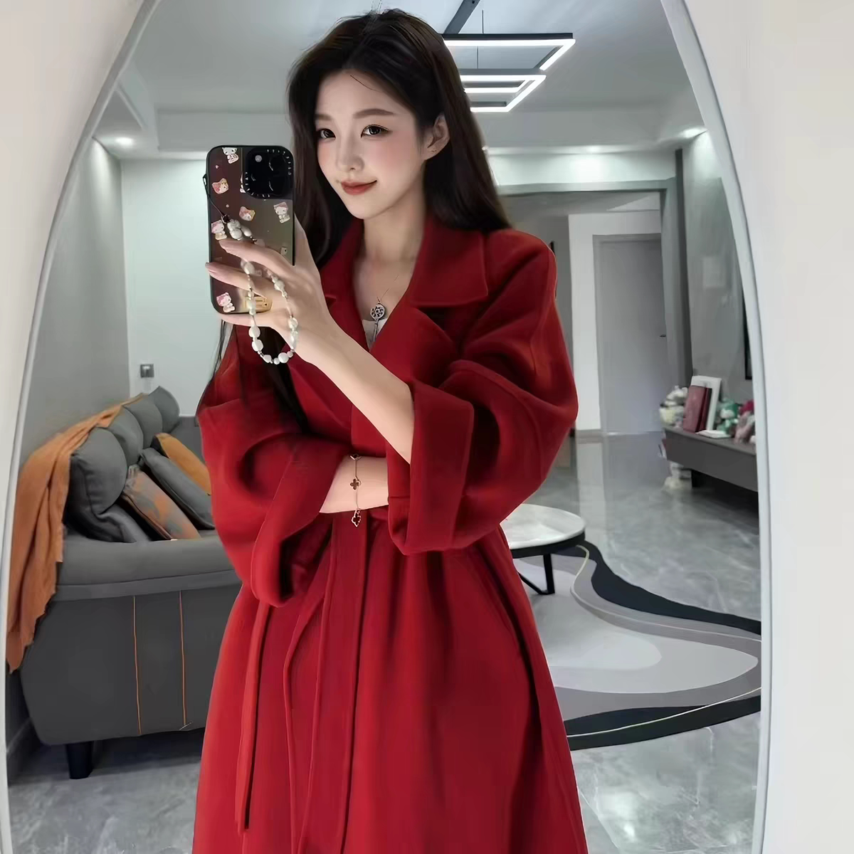 本命年红色双面羊绒大衣女2026款