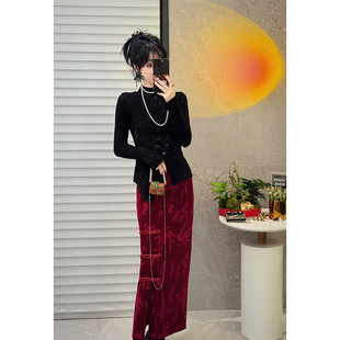 NANASTORE新中式开叉半身裙女2024冬季新款宽松长款高腰半裙裙子