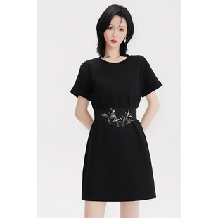 收腰裙子小个子宽松 早秋短袖 NANASTORE黑色连衣裙女2024春季 新款