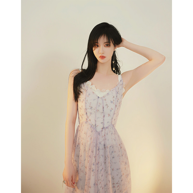 NANASTORE吊带连衣裙女2024春季新款v领碎花长裙子宽松收腰小个子