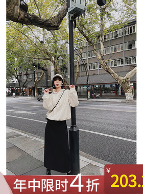 NANASTORE黑色半身裙女秋新款高腰中长款半裙显瘦宽松包臀a字裙