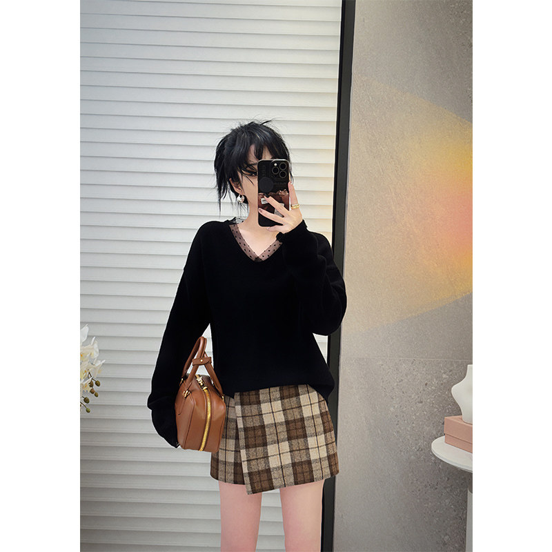 NANASTORE格子半身裙女2024春季新款显瘦高腰修身短款毛呢裙子