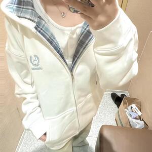 2024秋冬新款格子拼接刺绣连帽卫衣女宽松小众设计感情侣帽衫外套