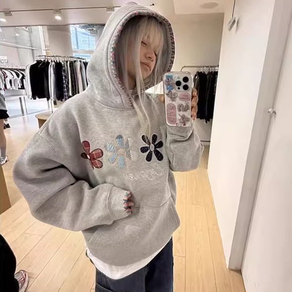 美式潮牌小花朵撞色贝壳刺绣连帽卫衣男女2025秋冬新款设计感上衣