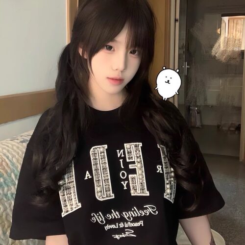 钉珠字母刺绣短袖t恤男女