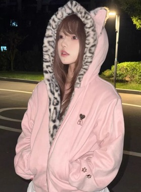 可爱兔耳朵豹纹内里保暖棉服女秋冬新款小众别致拉链加绒外套上衣