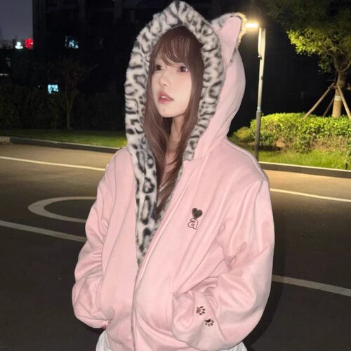 可爱兔耳朵豹纹内里保暖棉服外套
