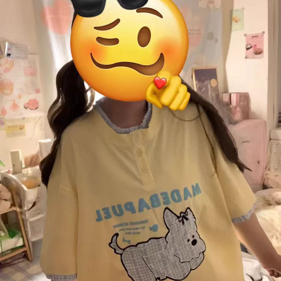 可爱拼接格子刺绣小狗polo衫短袖t恤女夏季新款纯棉假两件上衣潮