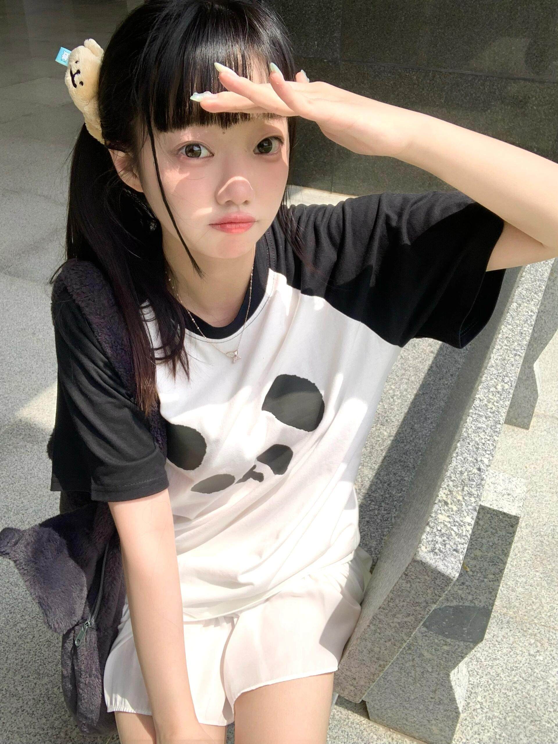 胖达熊猫撞色黑白插肩袖T恤女