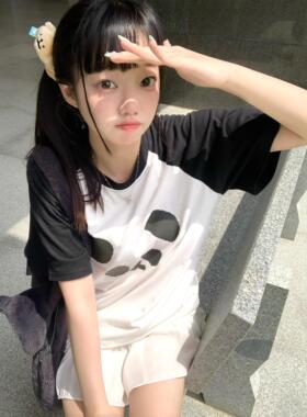 可爱日系胖达熊猫撞色黑白插肩袖T恤女夏季宽松纯棉甜妹短袖上衣