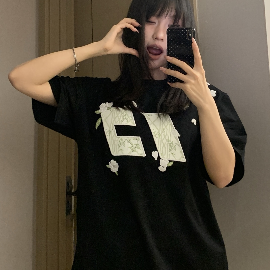 美式复古花伴竹刺绣短袖t恤男女纯棉宽松小众别致国潮牌情侣上衣