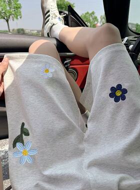 美式潮牌花卉刺绣休闲短裤男女夏季直筒宽松oversize阔腿五分裤子