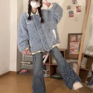 甜美羊羔毛拼接爱心PU皮翻领外套女冬季新款高级感毛绒保暖棉衣潮