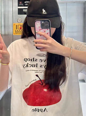 原创设计感抽象苹果印花短袖T恤女夏季新款小众百搭宽松纯棉上衣