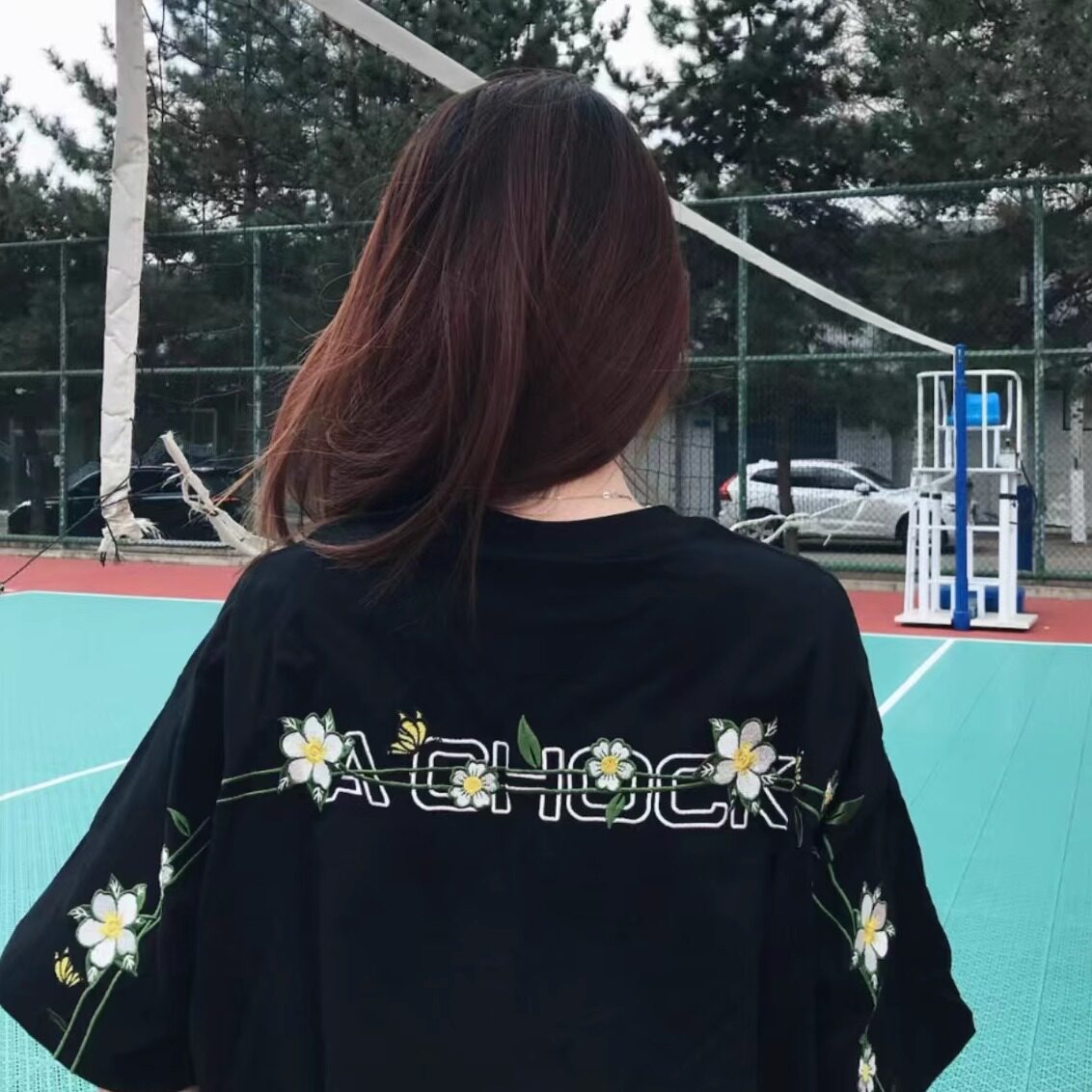 美式高街连袖花卉刺绣短袖t恤男女纯棉宽松小众设计感情侣款上衣