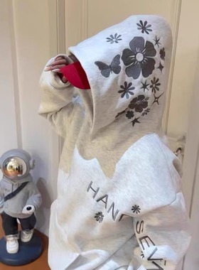 美式复古帽子花卉刺绣连帽卫衣男女宽松慵懒风小众设计感情侣外套