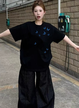 重磅纯棉蝴蝶印花黑色短袖t恤女夏季新款宽松设计感正肩半袖上衣