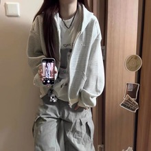 美式复古条纹开衫连帽卫衣女2025秋冬新款宽松氛围感小众情侣外套
