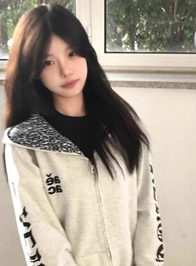 美式国潮牌梵文印花豹纹连帽卫衣外套女秋冬新款宽松情侣开衫上衣