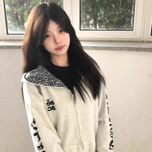 上衣 宽松情侣开衫 美式 国潮牌梵文印花豹纹连帽卫衣外套女秋冬新款