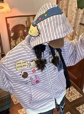 日系可爱猫咪耳机刺绣条纹开衫连帽卫衣女宽松小众设计感外套上衣