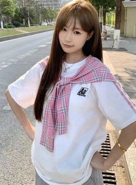 原创可拆卸格子披肩刺绣短袖t恤男女夏季宽松小众设计感情侣上衣