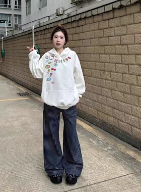 重磅纯棉涂鸦hellokitty猫连帽卫衣女宽松百搭小众别致白色上衣潮
