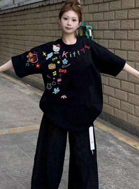重磅纯棉涂鸦helloKitty猫印花短袖t恤女宽松百搭可爱甜美上衣ins