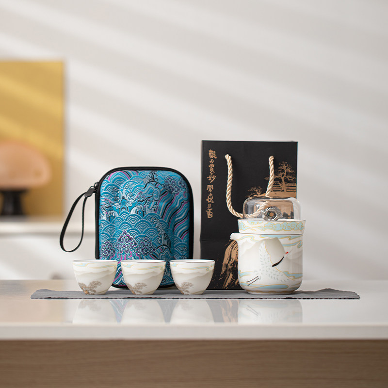 苏氏陶瓷玲珑瓷羊脂玉鹤立鸡群便捷旅行包茶具户外J1189