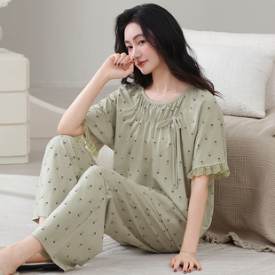 短袖 薄款 长裤 2026年新款 凉感妈妈家居服 套装 莱卡纯棉睡衣女士夏季
