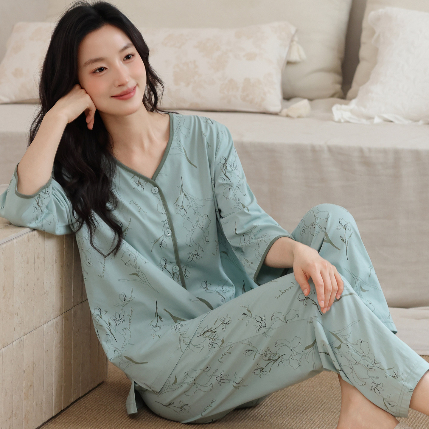 七分袖睡衣女夏季纯棉九分裤套装2026年新款妈妈薄款加大码家居服