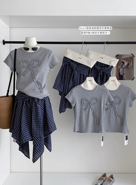 实拍新款2025春女灰色木耳边蝴蝶结短袖T恤+不规则格纹半裙