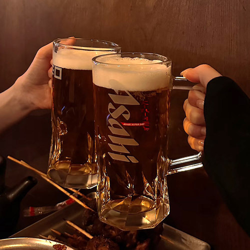 日式加厚 asahi辛口朝日啤酒杯日料店专用带把扎啤杯子精酿玻璃杯