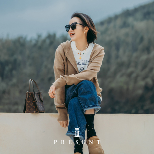 老宝娘家 女 Ribbe美丽诺羊毛简约百搭拉链连帽针织开衫 25早秋款
